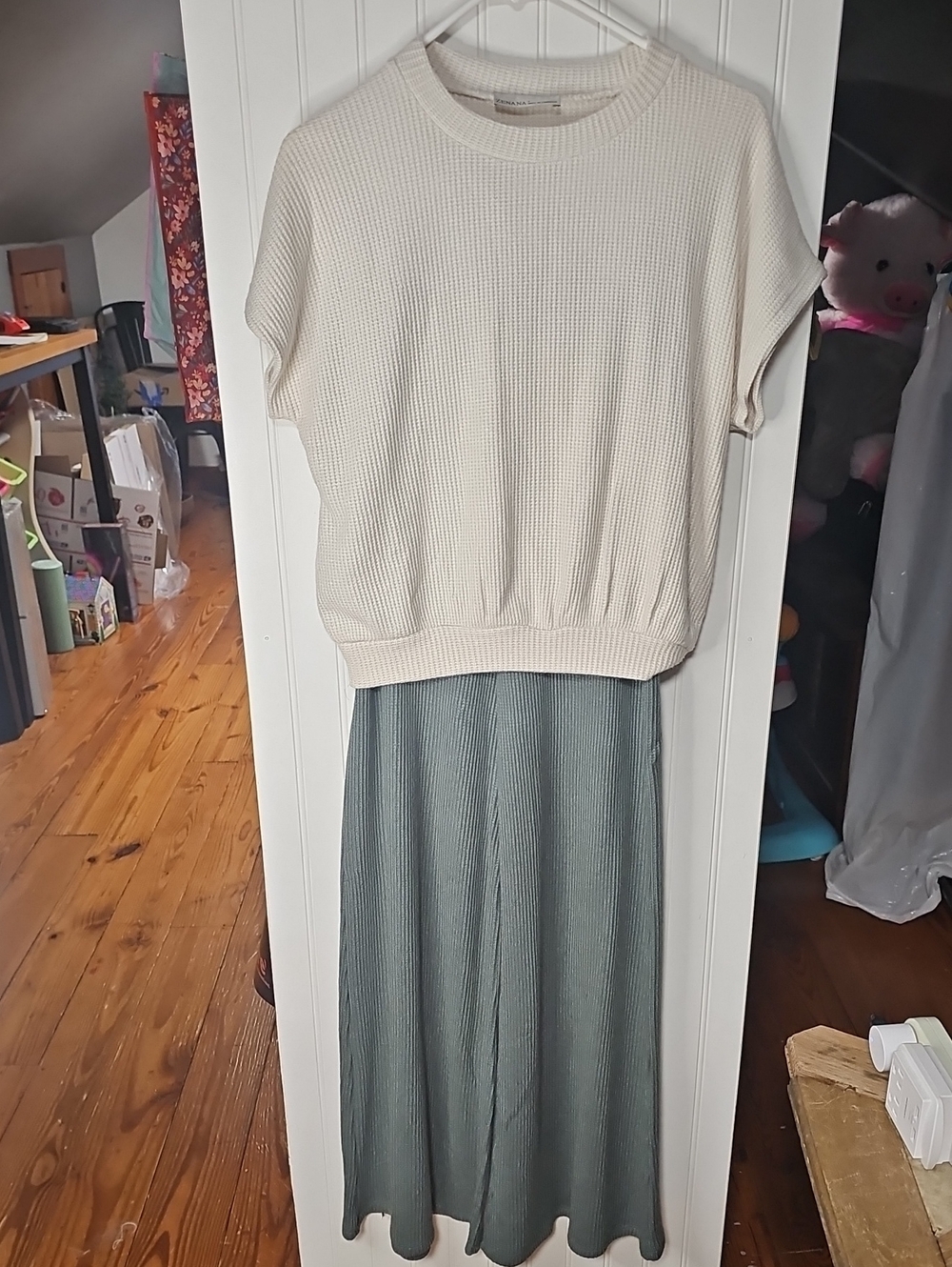 Zenana Outfitters Outfit Cream Knit Top with Sage Green Ribbed Wide Legged Pants